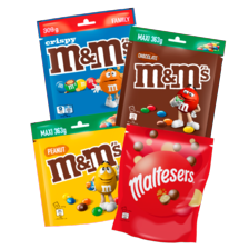 M&M’s maxi zak à 309/363 gram
Maltesers zak à 273 gram